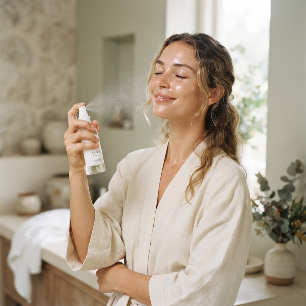 A woman applying Mentora facial mist in soft morning light