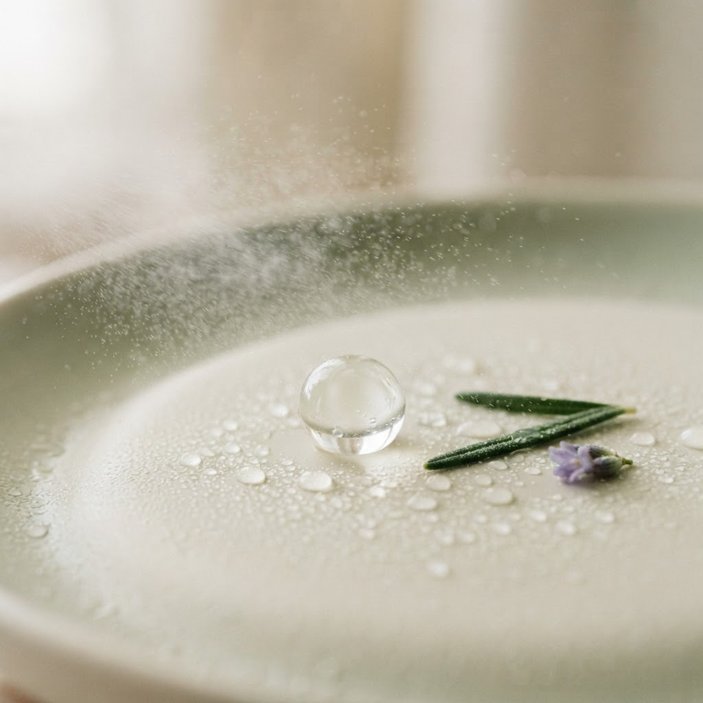 Macro view of Mentora skincare texture and mist droplets